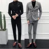 Mens Suits Blazers Erkekler Çifte Kesilmiş İki Parça Takım Seti İnce Moda İş Giriş Ceket İngiliz Tarz Gelinlik Pantolon 230410