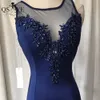 Stretchy Navy Prom Dresses Mermaid Beaded Lace Appliques Evening Gown Scoop Neck Sleeveless Princess Dark BlueParty Formal Dress