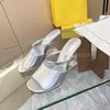 Designer Women Sandal Ff First Sandals Silver Leather High-Heeled Slide Blue Green Slides Metal Heel Slippers Dress Shoe