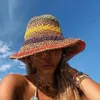 Chapéus de borda ardente Chapéu de praia mulher palha de sol artesanal arco -íris listrado de crochê praia boho chapéu chapéu de crochê de crochê 230411
