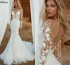 Trem destacável mangas compridas sereia vestidos de casamento delicado floral renda appliqued sheer pescoço boêmio país vestidos de noiva sexy sem costas robes de mariee cl2917