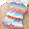 Clothing Sets Summer Fashion Striped Rainbow Fungus Edge T shirt Shorts Two piece Set Kids Clothes Girls 230411