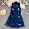 Basic Casual Dresses Fashion Autumn Winter Mesh Sequin Embroidery Midi Dress For Women Bow Collar Flower Knitted Patchwork Long Sleeve Office Clothes 2024