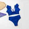 Badkläder för kvinnor Bikini Push Up Sommar Kvinnor Bikinis med hög midja Volang Baddräkt Kvinnlig Retro Enfärgad Strandkläder Set