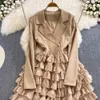 Casual Dresses New Autumn Winter Notched Collar Ladies Office Cake Dress Elegant Women Double-breasted Long Sleeve Layers Ruffles Midi Vestidos 2024