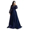 Robe de soirée trapèze bleu marine, manches longues bouffantes, dentelle brillante, Satin, fente latérale, robe de bal pour femmes arabes saoudiennes