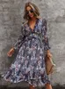 Casual Dresses MsFilia Sexy V Neck Floral Dress Ladies Futterfly Sleeve High midje Casual Print Dresses For Women Summer Chiffon Dress 230410