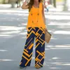 Women's Two Piece Pants Women 2 Outfits Boho Casual Feather Printed Vest Sleeveless Top Loose Wide Leg Trousers And Suit For