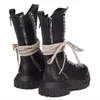 Zwarte Man Motorlaars Echt Leer Mannelijke Mid Hak Hoge Laarzen Lace Up Heren Outdoor Boot