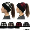 4 colori autunno/inverno caldo cappello di lana scozzese con bordi arricciati coda di cavallo di Natale lavorata a maglia casual da donna consegna di goccia Dhvtk