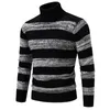 Men's Sweaters Men Fall Winter Sweater Striped Colorblock Knitted High Collar Neck Protection Elastic Pullover Thick Warm