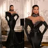 Stylish Black Mermaid Prom Dresses Sheer Neck High Ruched Party Dresses Crystals Rhinestones Lace Custom Made Evening Dress