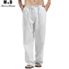 Pantalones de hombre Pantalones casuales rectos con múltiples bolsillos de lino de Color sólido para hombre de verano, pantalones sueltos con cordón cómodos y transpirables de talla grande W04142