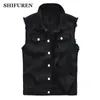 Mens Vests Shifuren Men Bomull Rippade jeans ärmlös jacka svart denim Vest Singlebrasted Male Hip Hop Washed Cowboy Waistcoat 231110