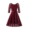 Casual Dresses Medieval Retro Ladies Dress Lace Hollow Pleated 7-point Sleeve Tight Skirt With Belt Evening Party Swing Princess