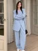 Pantaloni a due pezzi da donna Donna Coreana Casual Blazer blu Abiti da ufficio Lady Set eleganti pantaloni a gamba larga Giacche larghe Abiti moda