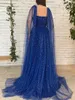 ロイヤルブルーの光沢のあるスターチュールウエディングドレス恋人プリーツロングショールアインライン卒業ドレス