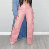 Spodnie damskie echoine high talia wiele kieszeni Pink skórka prosta ładunek Y2K Streetwear Women Mode Club
