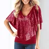 Women's Blouses Party Sequins Capes Blouse Women V Neck Short Sleeve Solid Color Casual Pullovers Club Nightgowns Elegant Office Lady Tops