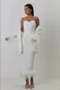 Little White Dress slim Fit Prom Dresses with Long Sleeve Jacket Ostrich Feather Stain Evening Straight Skirt gown