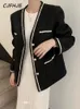 Womens Wool Blends CJFHJE Black Thicken Coat Women Autumn Fashion Button Up V Neck Winter Coats Vintage Long Sleeve Loose Elegant Lady Jackets 231110