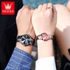 Zegarek na rękę olevs 2023 luksusowa marka kwarcowe zegarki mody para zegarek różowy czarny pasek stalowy cotygodniowy kalendarz 30m Waterproof 230410