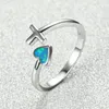 Wedding Rings Cute Female Blue Opal Stone Ring Classic Silver Color Thin Heart Cross Adjustable Engagement For Women
