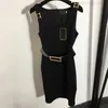 Faldas con botones dorados sin mangas y cinturón con clase para mujer, vestido informal negro, chaleco Sexy, falda larga de diseñador