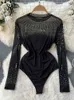 NXY Diamonds Design Mesh Sexy Bodysuits Lange mouw slanke ondergoed dunne jumpsuits Women Fashion Autumn Solid Rompers 230328