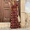 Casual Kleider 2023 Herbst Bohemian Gedruckt Frauen Langes Kleid V-Ausschnitt Kurzarm Mit Gürtel Weibliche Mode Elegante Strand Damen Kleidung