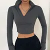 Ethnic Clothing Solid Color Casual T-shirt Women Long Sleeves Turtleneck Crop Tops Sexy Simple Style Party Club 2023 Spring Autumn Grey Tees