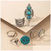 Bagues de cluster Bleu Strass Éléphant Antique Sier Couleur Bague Ensembles Pour Femmes Hommes Couronne Fleurs Creux Bijoux Drop Deli Dhgarden Dhsxp