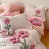 Bedding sets Pink Stereoscopic Flowers Applique Embroidery Girls Bedding Set Velvet Fleece Warm Short Plush Duvet Cover Bed Sheet Pillowcases 231110