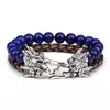 Fashionable Dragon Head Clasp Set Bracelets 8MM Natural Gemstone Beads Bracelet with Handmade Leather Rope Bracelet