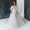 Abiti da sposa di classe in tulle con scollo a V lungo e maniche a sbuffo con applicazioni in pizzo a fessura, abiti da sposa lunghi fino al pavimento