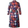 Casual klänningar 2023 Autumn Winter for Women Geometric Printed Bow Collar High midja en linje Midkalv Fashion Business Work Dress