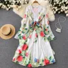 Ethnic style dress with tie up waist for slimming print long sleeved dress Summer women's French V-neck beautiful mid length dress