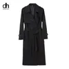Женские траншеи Coats DH Fashion Women Coat весенняя осень женщина верхняя одежда черная двухбортная с поясом длинной тряпки для леди