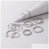 Cluster Rings Simple Style Sivler Color Joint Ring Sets For Women Men Hip Hop Pearl Stone Opening Jewelry 11Pcs/Sets Drop De Dhgarden Dhqow