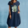 Casual Dresses Solid Color Short Sleeve Dress Women's Sunflower Print Loose Knee Length Cute Pocket Shirt