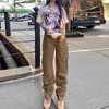 Women s Pants Solid Color Cargo High Waist Straight leg Buckle Jeans with Pockets Khaki Brown Baggy Casual Trousers 231110