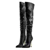 Leather Martin Boots Women 2024 Pillage Toe Gold High Heels Knight Thigh-high Boots Knee-high Booties Pointed Long Knee Wedding Shoes Zipper Pleated Big Size 97993