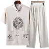 Abbigliamento etnico 6 colori Tang stile Hanfu camicie di lino per uomo pantaloni tradizionali Han Tai Chi e set 2023 orientale