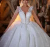 Luxury Ball Gown Wedding Dresses Middle Sleeves V Neck Sequins Appliques 3D Lace Bridal Gowns Diamonds Beaded Formal Dress Plus Size Custom Made Vestido de novia