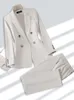 Women s Two Piece Pants Fashion Ladies Pant Suit Formal Women Office Business Work Wear Blazer And Trouser Beige Black Khaki 2 Set With Pocket 231110