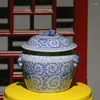 Flaschen Blaues und Weißes Krötenglas mit chinesischem antikem Keramik-Aufbewahrungstopf