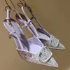 Sandálias elegantes de grife feminino salto alto sapatos de casamento com decoração de strass moda costas dedo do pé vazio pontiagudo 9cm salto agulha vestido sapato sexy