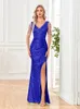 Xuibol Women Elegant Sexy Deep V-hals pailletten avondjurk luxe formele maxi lange prom blauwe spleet kralen cocktailjurk