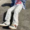 Erkek kot beyaz hip hop kot çizgili püskül yıpranmış düz bol kot pantolon harajuku erkek kadın katı sokak kıyafeti gündelik denim pantolon 231110