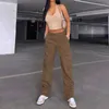 Women s Pants Solid Color Cargo High Waist Straight leg Buckle Jeans with Pockets Khaki Brown Baggy Casual Trousers 231110